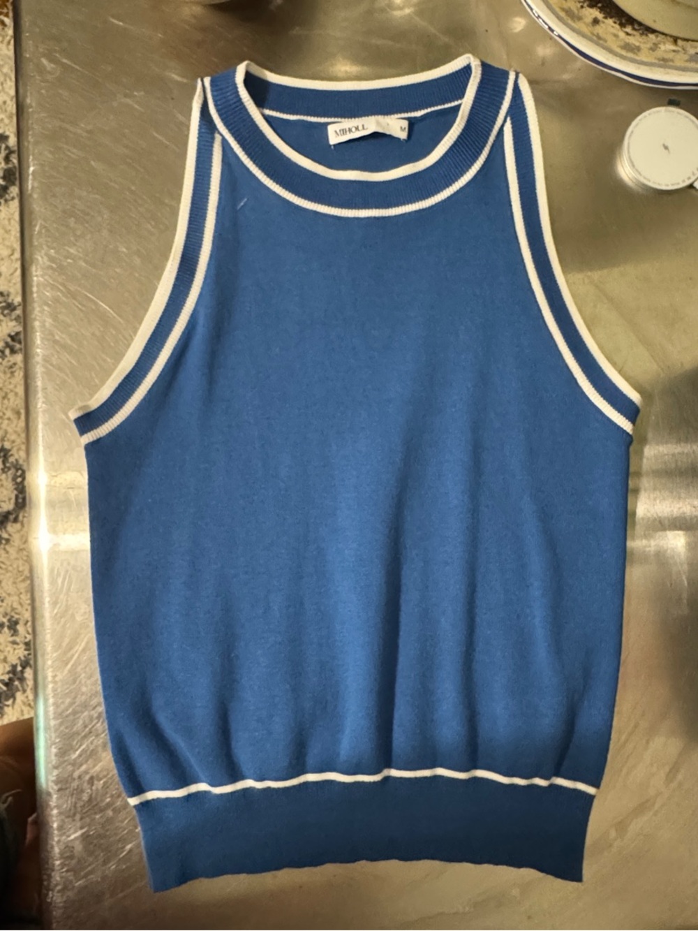 Miholl Blue Knit Halter Style Ribbed Sleeveless Top with White Trim